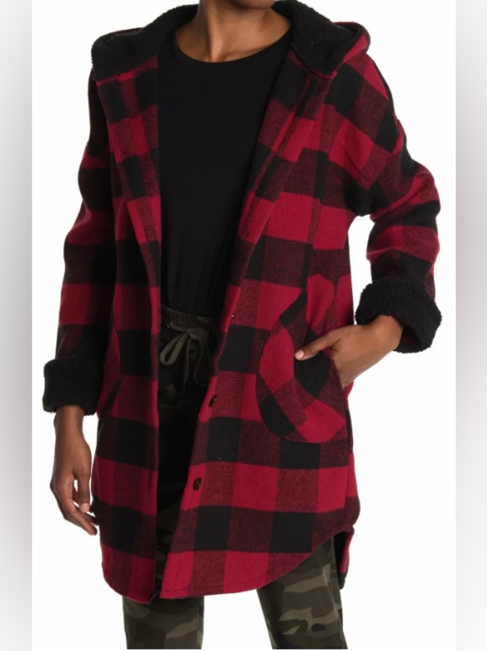 RD Style Long Red/Black Buffalo Plaid Hooded Jacket Size Small Relaxed Fit